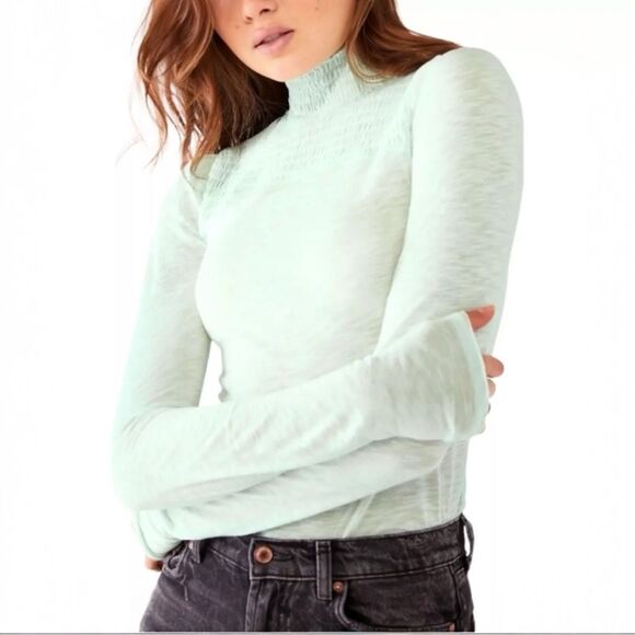 NWT Free People Caroline Smocked Turtleneck Top Blouse Iced Aqua Size medium - Picture 2 of 7